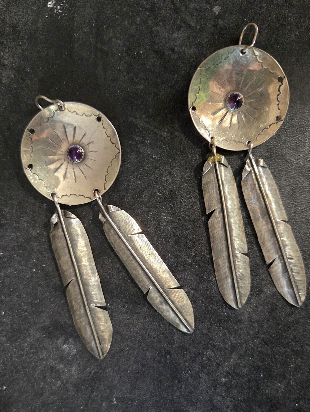 Vtg Handmade Sterling Silver Bowl Shaped Earrings /  Feather Dangle  Signed